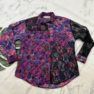 Jonathan Martin Womens Vintage 90s Patchwork Blouse Shirt Size M Pink Black Lace